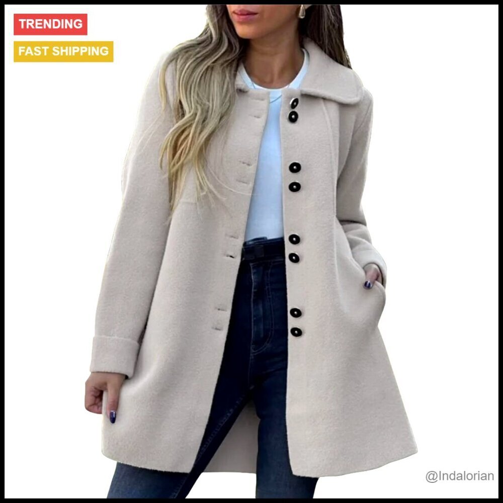 Wool Blend Pea Coat with Lapel Collar, Single Breasted Overcoat for Women